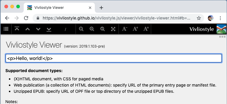 Vivliostyle Viewer スタート画面の文書 URL 入力欄に Hello, world! と入力したところ